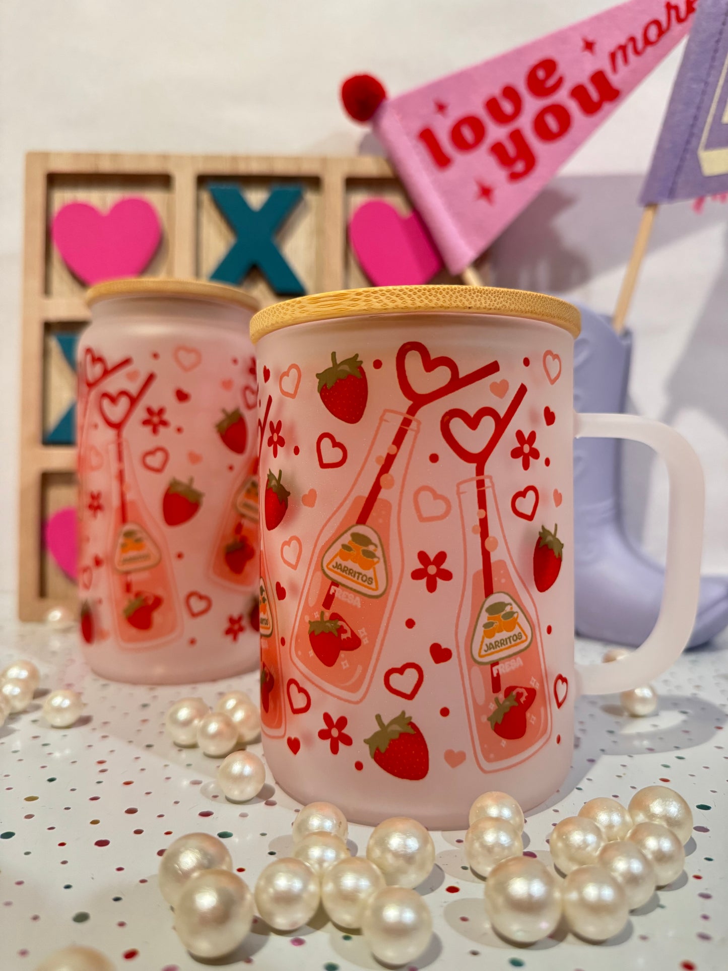 Tumbler Libbey Cup- Valentines Heart, Red Strawberry Jarito Drink, Flower - Gift for him and her