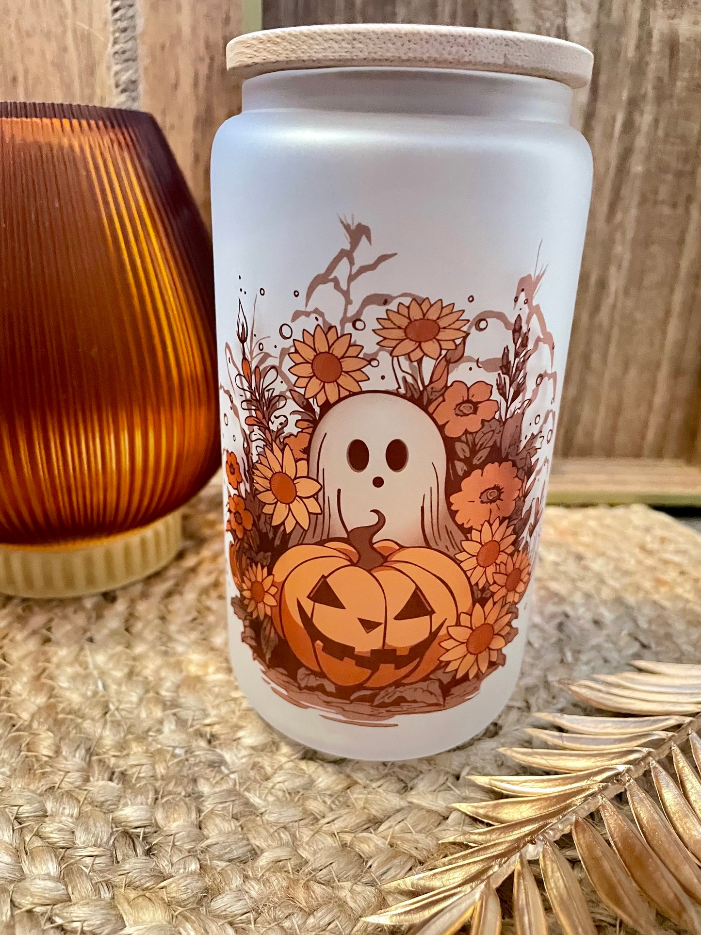 Tumbler Libbey Cup/Tumbler - Boho Flower Patch Ghost Jack-o-Lantern