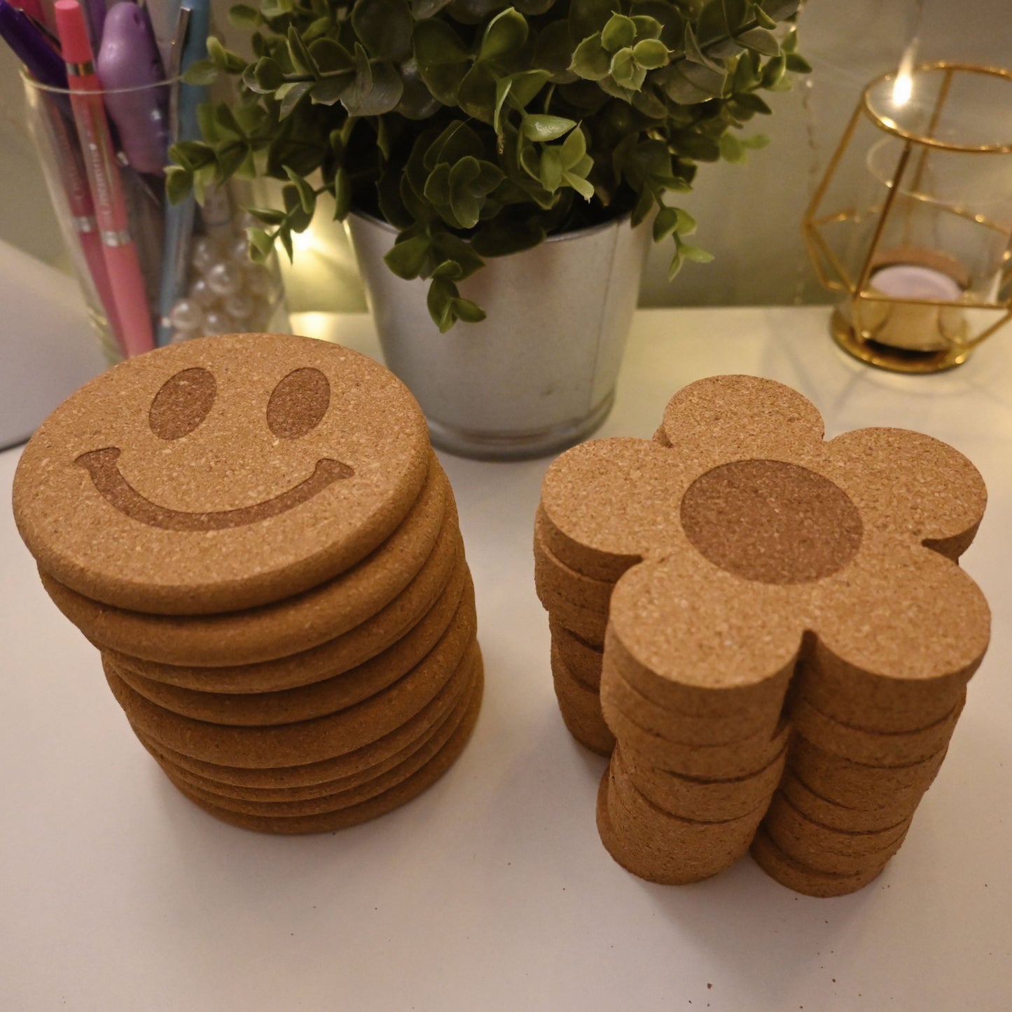 Cork Drink Coasters - Smiley Face Coaster, Flower Coaster