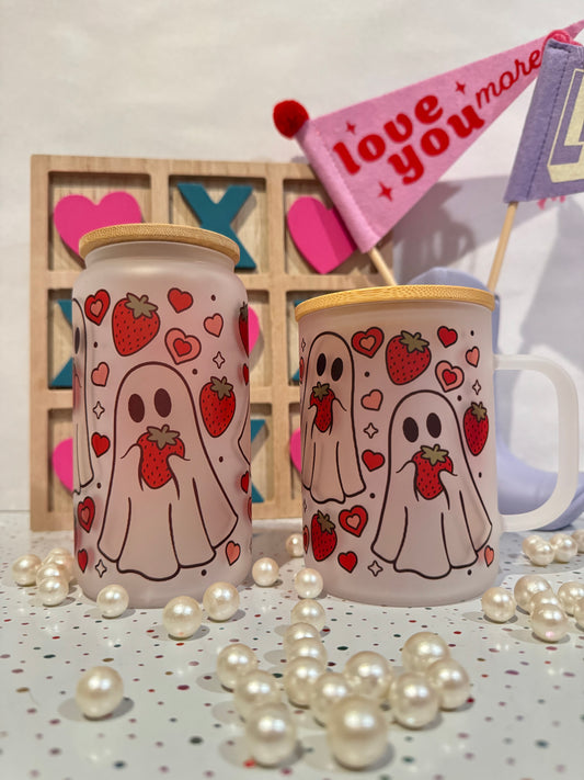 Tumbler Libbey Cup- Valentines Ghost Strawberry, Pink Ghost - Gift for him and her