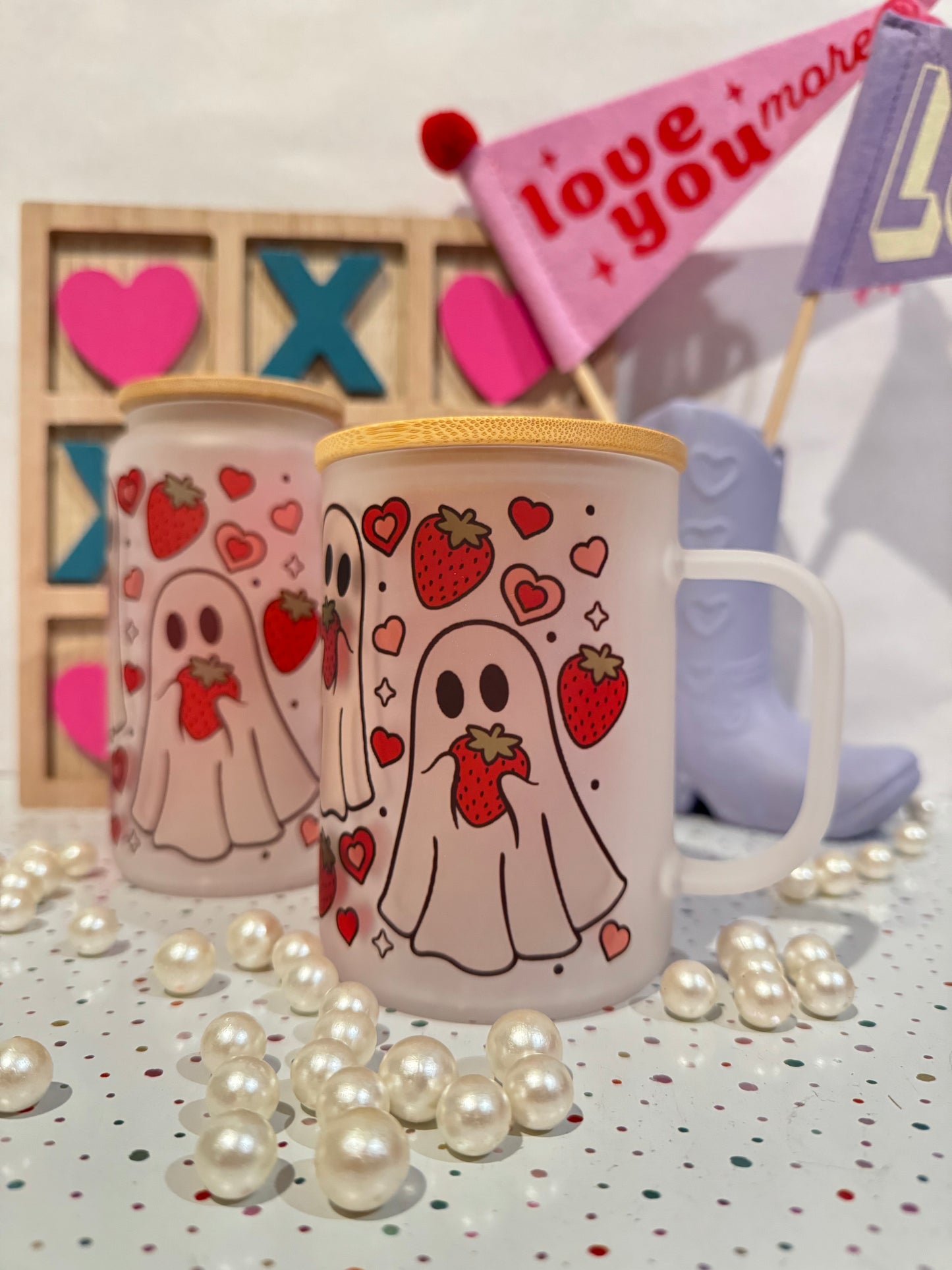 Tumbler Libbey Cup- Valentines Ghost Strawberry, Pink Ghost - Gift for him and her