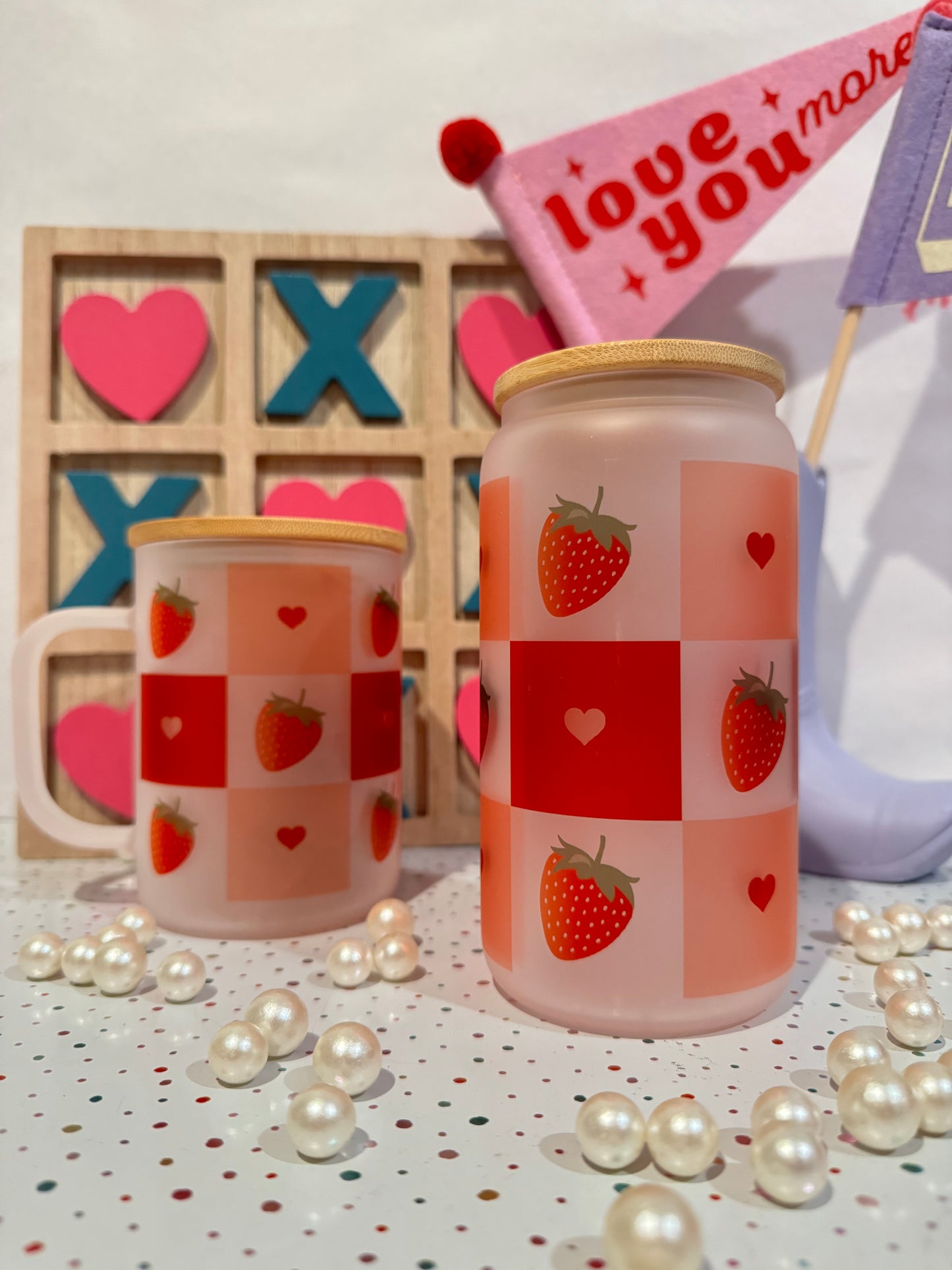 Tumbler Libbey Cup- Valentines Checker Heart, Red Strawberries - Gift for him and her