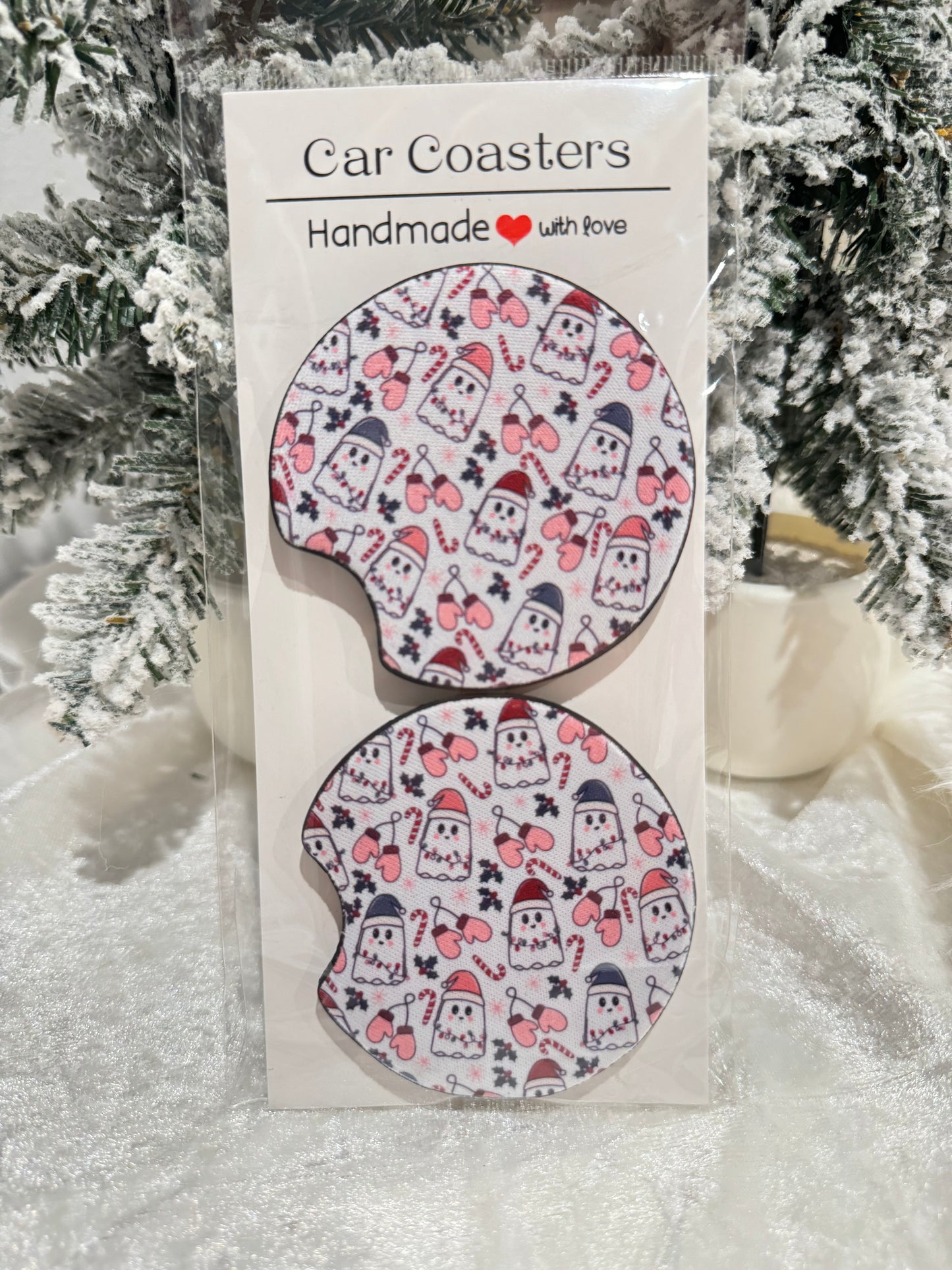 Holiday Christmas Car Coasters - Set of 2 - Car Decor - Car Accessory