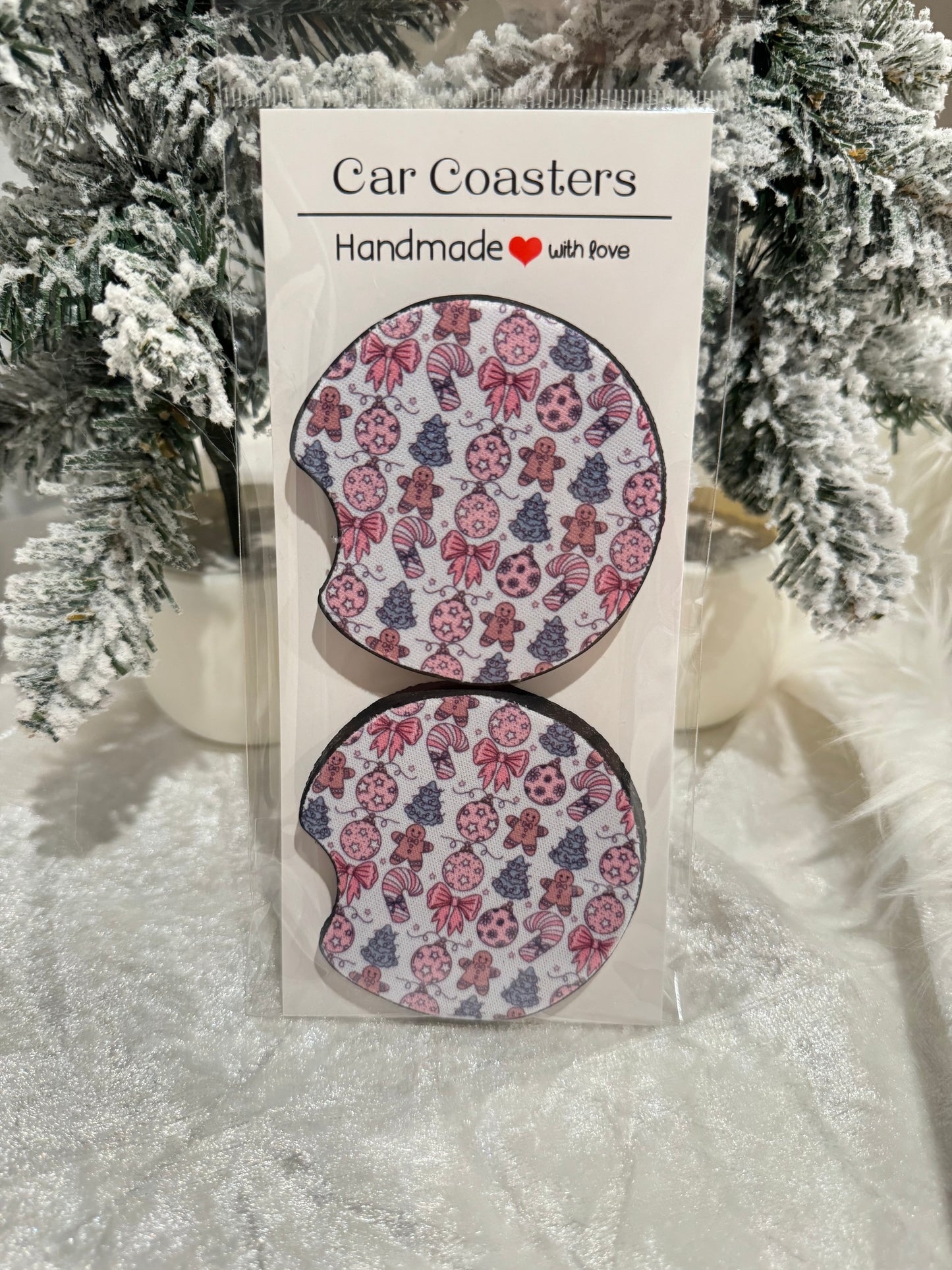 Holiday Christmas Car Coasters - Set of 2 - Car Decor - Car Accessory