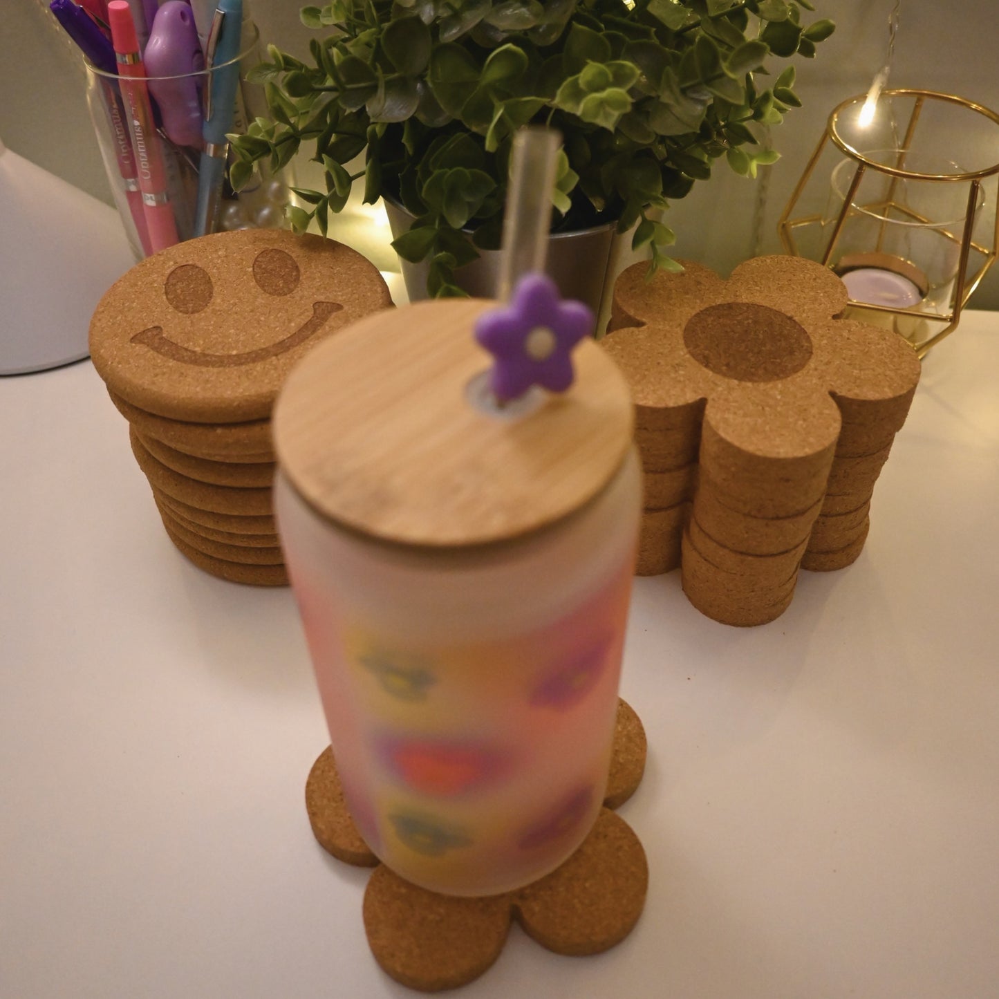 Cork Drink Coasters - Smiley Face Coaster, Flower Coaster