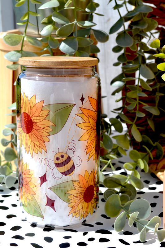 Custom/Personalized Cup - 16 oz Libbey Cup -Yellow Sunflower Bee Flower Cup