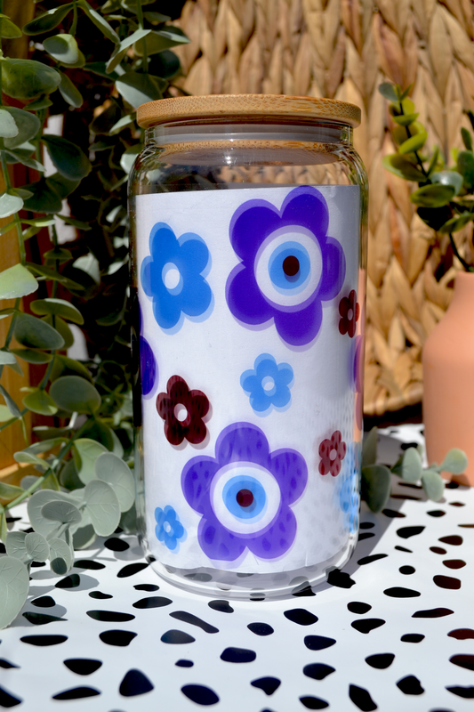 Custom/Personalized Cup - 16 oz Libbey Cup -Evil Eye - Ojo- Blue Daisy Flower Cup